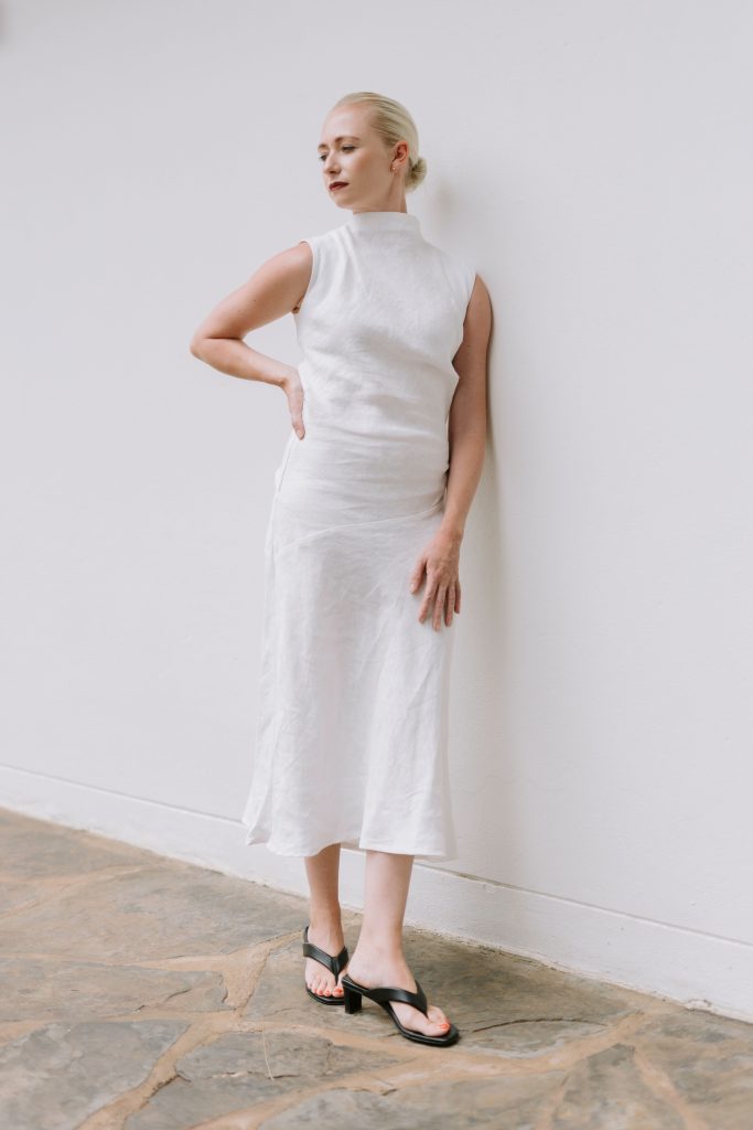 Draped Bias Midi Dress In Sheer Linen – White