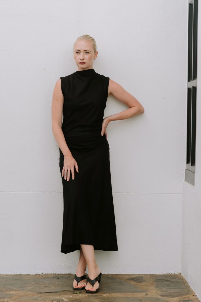 Draped Bias Midi Dress In Linen Blend – Black