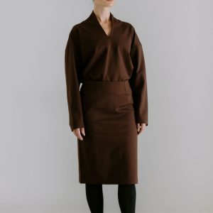 Mid-Waist Midi Skirt - Brown