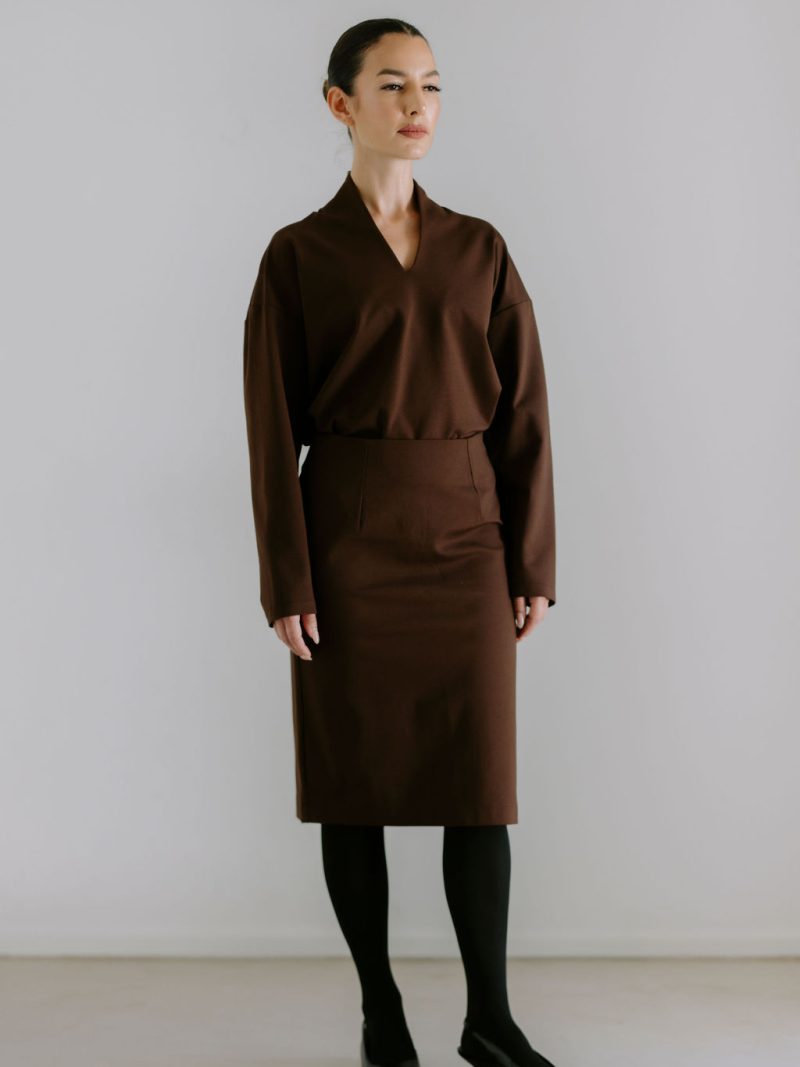 Mid-Waist Midi Skirt - Brown