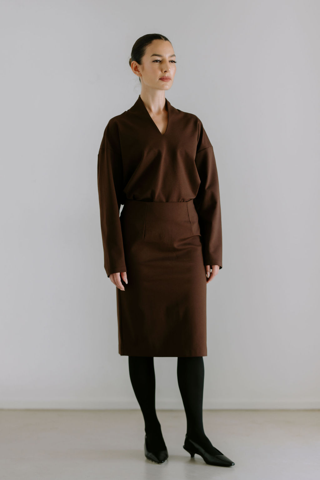 Mid-Waist Midi Skirt - Brown