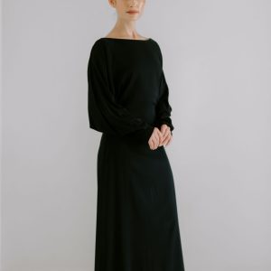Long Sleeve Slouch Waist Dress - Black