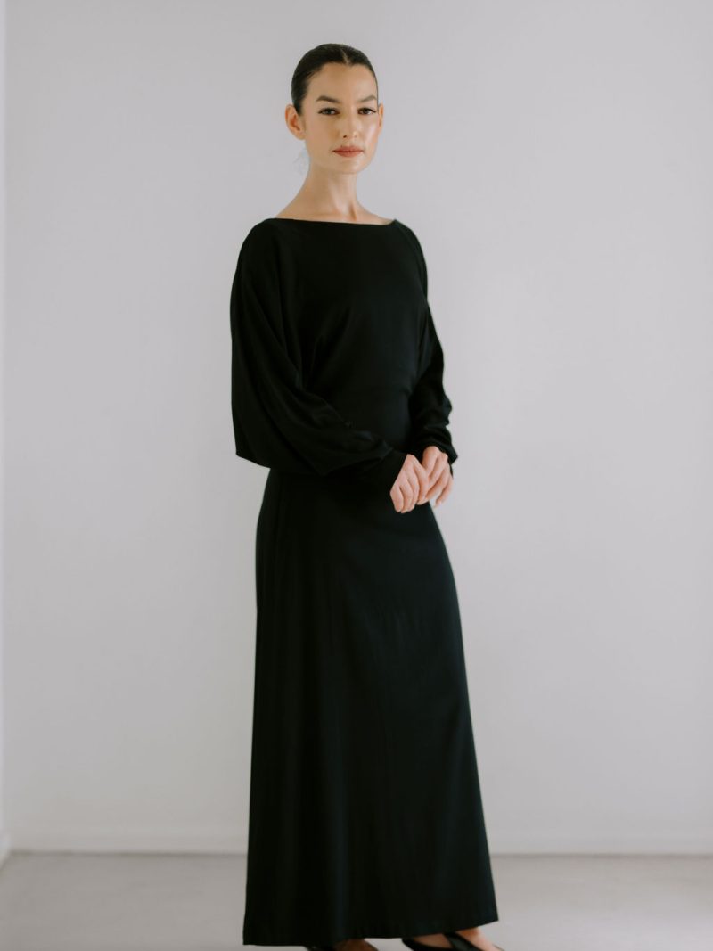 Long Sleeve Slouch Waist Dress - Black